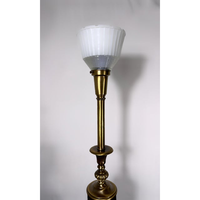 Metal Complete Stiffel Brass Torchiere With Original Waffle Weave Diffuser, Original Drum Shade and Finial For Sale - Image 7 of 13