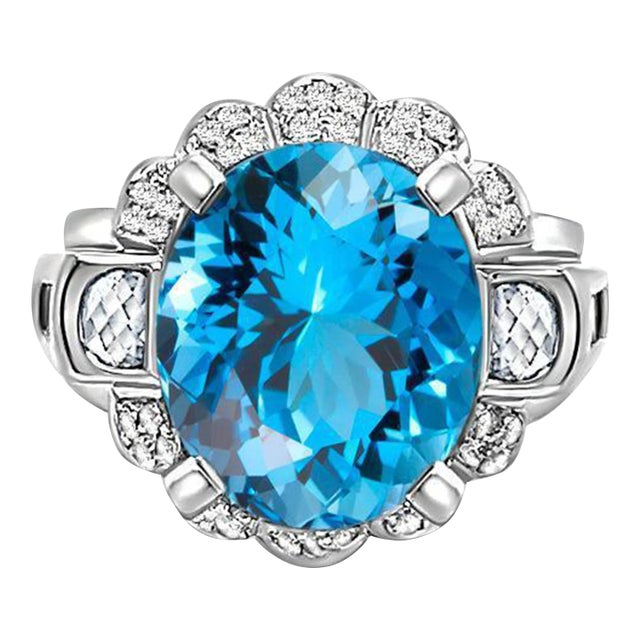 GIA Certified Oval Cut 9.5 Carat Natural Aquamarine Vintage Retro Ring, Size 8 For Sale