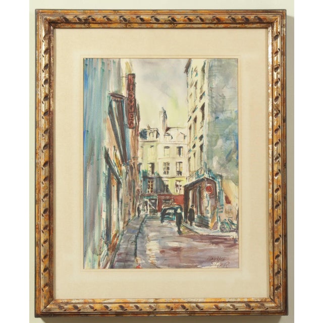 A charming original watercolor by American artist Maurice Silber depicting a picturesque street in the historic Le Marais...