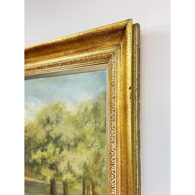 Textile Vintage Oil Painting Landscape Father Son Fishing River Impressionist on Canvas For Sale - Image 7 of 15