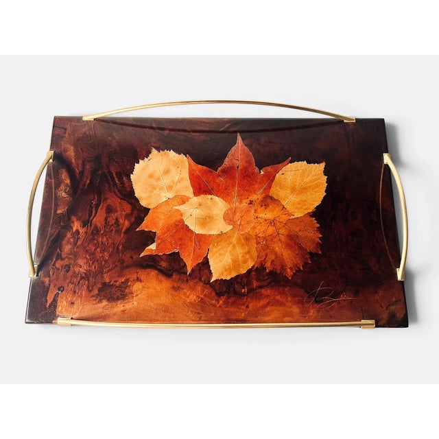 1930s Art Deco Serving Tray with Leaves Under Resin on Burl Wood and Brass Handles, France, 1930s For Sale - Image 5 of 5