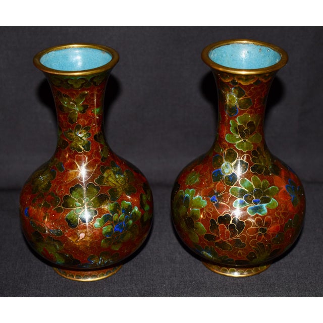 Vintage 91980's) Pair of Small Vases are Chinese. Made of Cloisonné - Enamel. Multi-colored. The Measurements: 3"Diam. x...