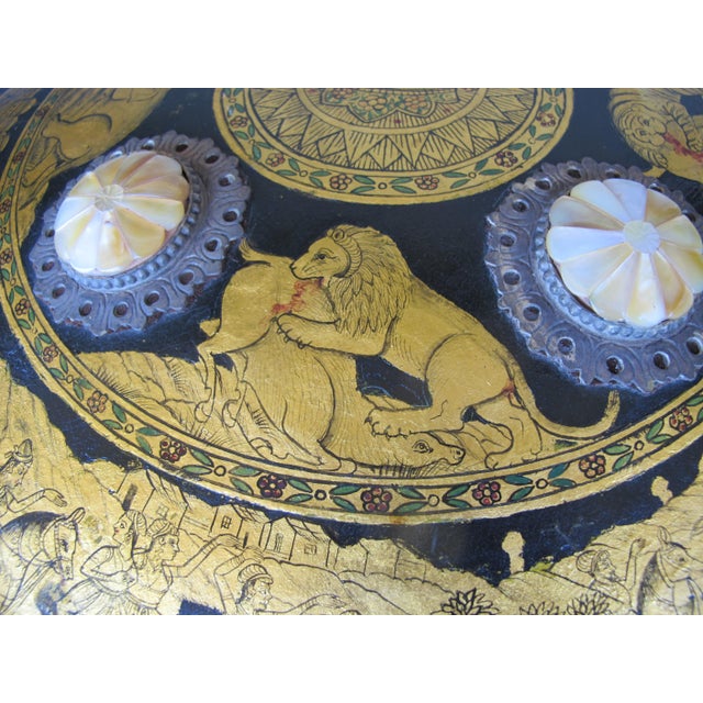 Indian Ceremonial Rajput Dhal Shield Intricate Gold Painted Hunting Scenes For Sale - Image 13 of 18