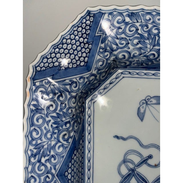 Antique Japanese Octagonal Blue and White Porcelain Plate With Butterly and Floral Design For Sale - Image 10 of 18