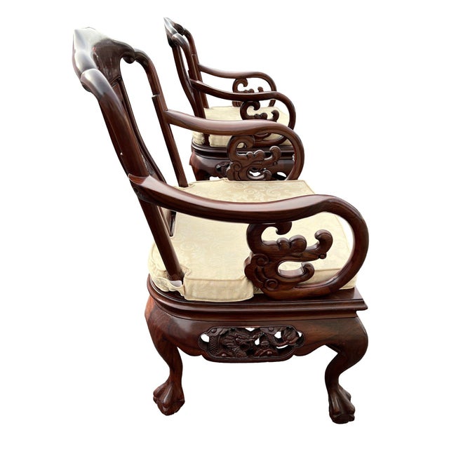 Chinoiserie Exquisite Pair of 20th C. Chinese Hand-Carved Rosewood “Imperial Dragon” Armchairs Hongmu Mid Century For Sale - Image 3 of 13