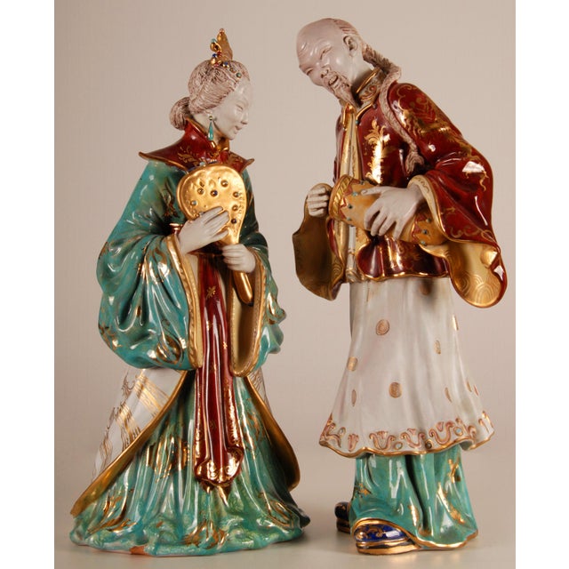 Vintage Italian Ceramic Sculptures Chinoiserie Glazed Terracotta Figures - A Pair For Sale - Image 6 of 15
