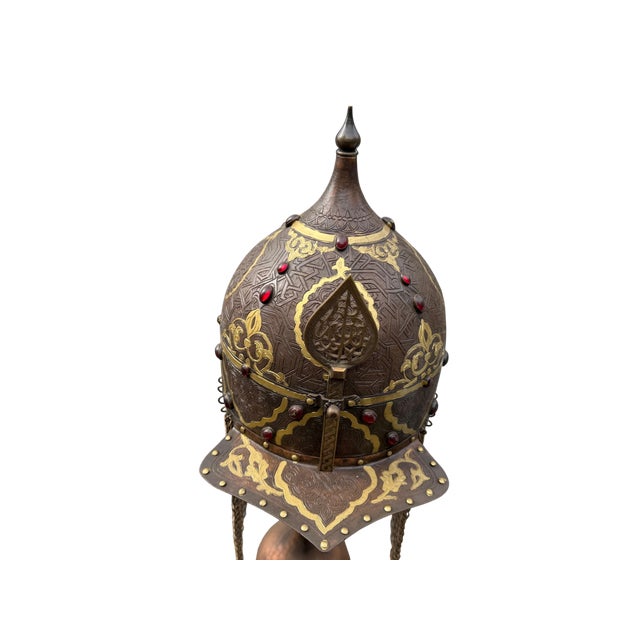 Jeweled Engraved Copper Helmet For Sale - Image 11 of 15