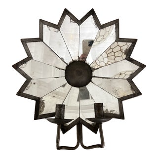 Vintage Japanese Two Light Candle Wall Sconce With Sunburst Mirror For Sale
