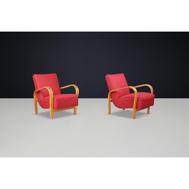 Wood Upholstered Bentwood Armchairs attributed to Karel Koželka & Antonín Kropáček, 1940s, Set of 2 For Sale - Image 7 of 9