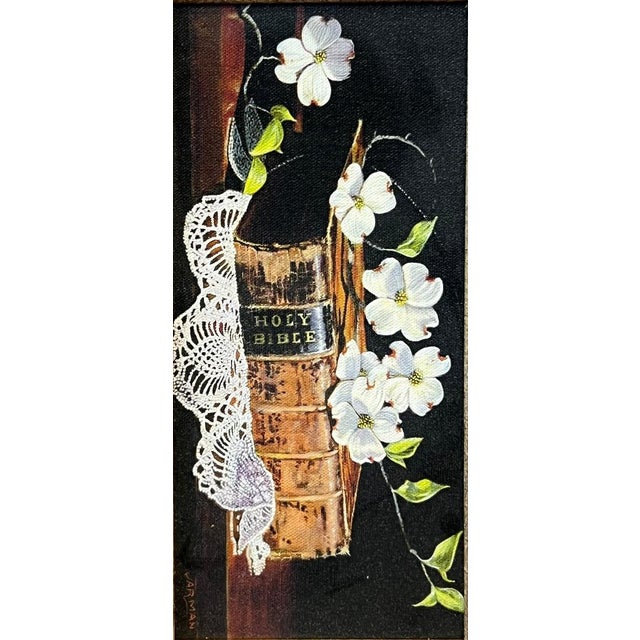 Realism Vintage Harry Jarman Original Trompe L’oeil Still Life Oil Painting of Holy Bible and Dogwoods For Sale - Image 3 of 9