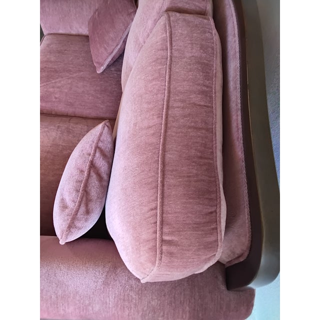 Pink Vintage Hollywood Regency Style Carved Wood Pink Upholstered Loveseat For Sale - Image 8 of 15