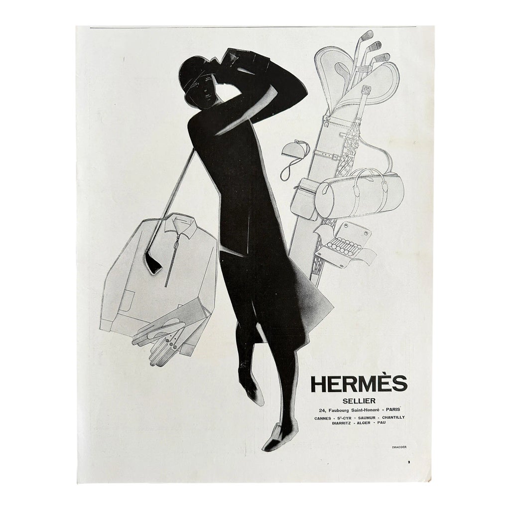 1929 French Vintage Hermes Advertisement Print, Golf Player and