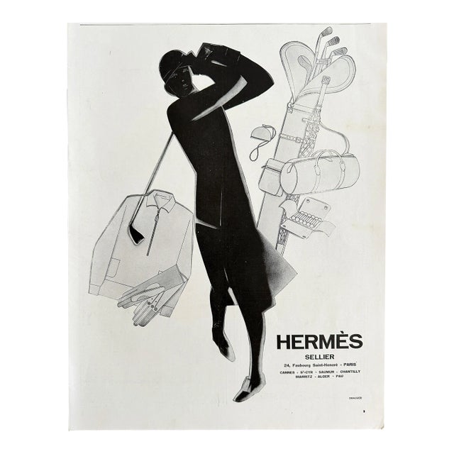 1929 French Vintage Hermes Advertisement Print, Golf Player and Sports Equipment, Not Framed, Not Laminated For Sale