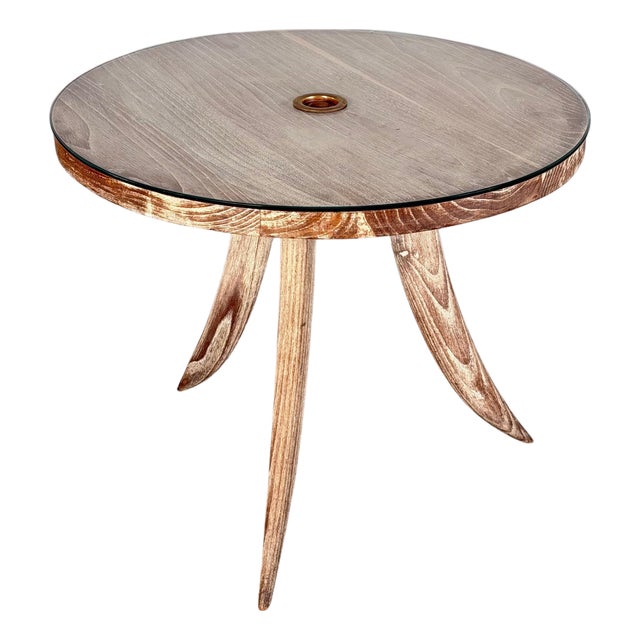 French Bleached Oak Side Table with Glass Top and Brass Detail, 1940s For Sale