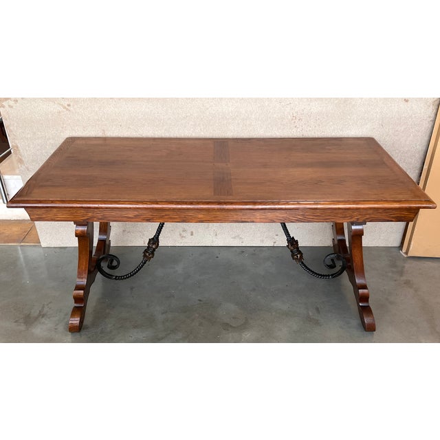 20th Century Spanish Oak Lyre Legs Trestle Dining Farm Table For Sale - Image 9 of 12