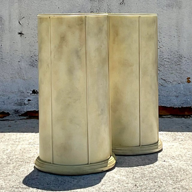 Boho Chic Vintage Boho Faux Goatskin Pedestals - a Pair For Sale - Image 3 of 8