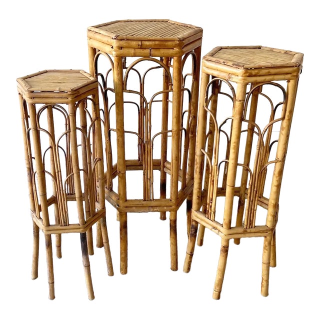 Boho Chic Hexagonal Tortoise Shell Bamboo Nesting Pedestals For Sale