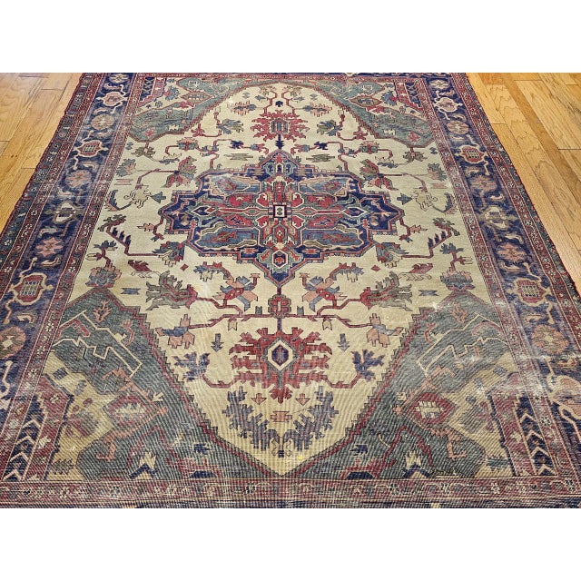 Late 19th-Century Heriz Serapi Rug, Handwoven, Pale Yellow & Green, 8' x 10' For Sale - Image 17 of 18