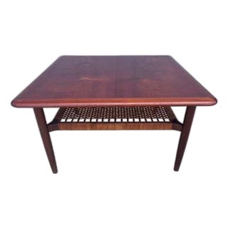 Mid 20th Century Gunnar Schwartz Teak Square Coffee Table with cane shelf For Sale