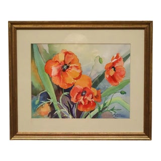 Vintage Poppies Watercolor Painting, Signed Phyllis Billman, Framed, C. 1970s For Sale