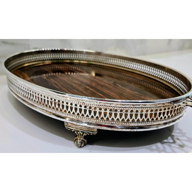 Mid Century Sheffield Silver Co. Formica Laminate Footed Serving Tray, Wood-Grain, Silverplate Gallery For Sale In Dallas - Image 6 of 12