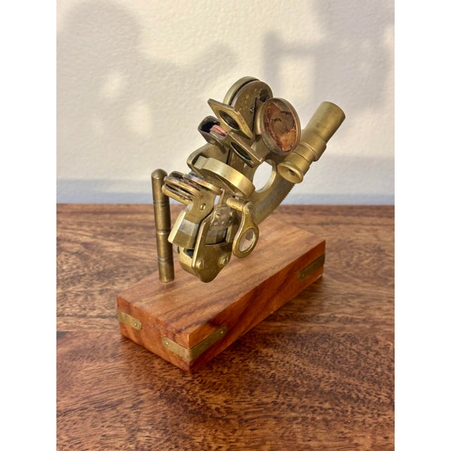 Antique Brass Nautical Sextant on Hardwood Display Stand, Maritime Instrument For Sale - Image 4 of 6