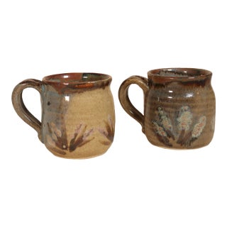 Set of Vintage 1982 Studio Pottery Ceramic Mugs With Mixed Glaze and Floral Motifs For Sale
