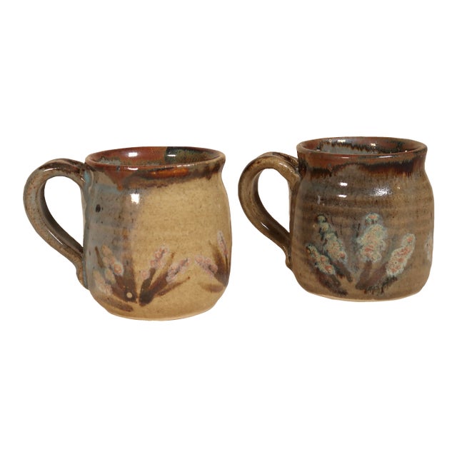 Set of Vintage 1982 Studio Pottery Ceramic Mugs With Mixed Glaze and Floral Motifs For Sale