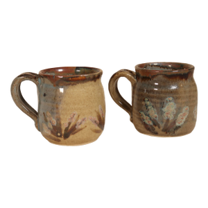 Set of Vintage 1982 Studio Pottery Ceramic Mugs With Mixed Glaze and Floral Motifs