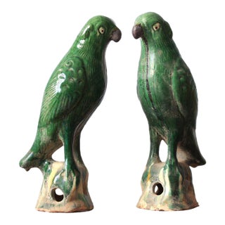 Pair of Vintage Green Glazed Parrot Figures – 10.6" Ceramic Bird Sculptures For Sale