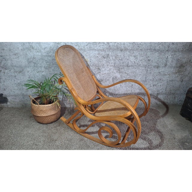 Wood Thonet-Style Rocking Chair in Bent Beechwood and Caning, 1960s For Sale - Image 7 of 12