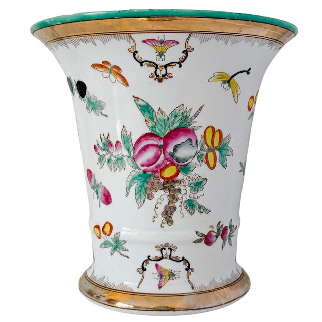 Vintage Chinese Export Porcelain Cachepot – Botanical Fruit & Butterflies Motif With Gilt Trim For Sale - Image 10 of 10