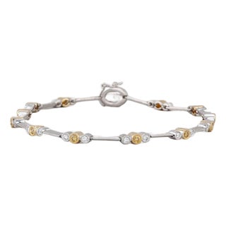 0.68ctw White Yellow Diamond Bracelet 18k White Yellow Gold 7.5" Bar Chain For Sale