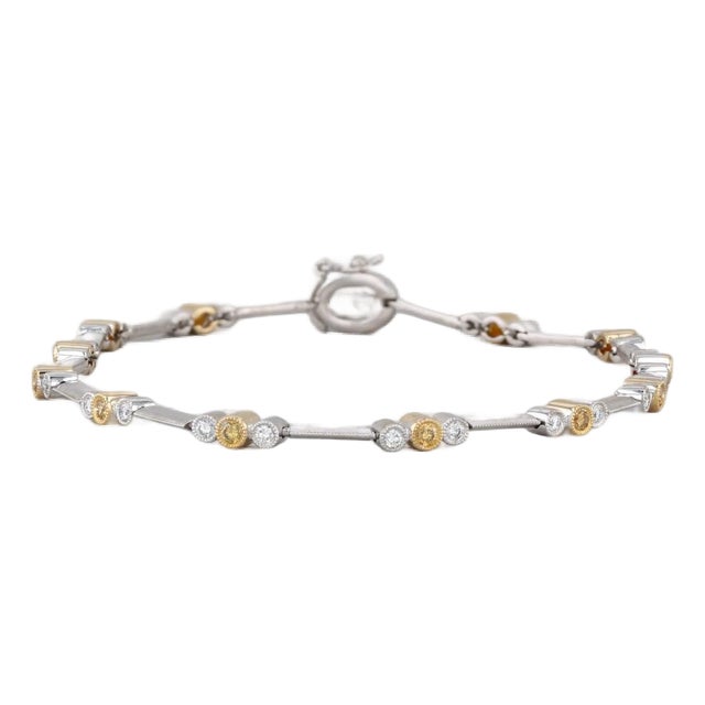 0.68ctw White Yellow Diamond Bracelet 18k White Yellow Gold 7.5" Bar Chain For Sale