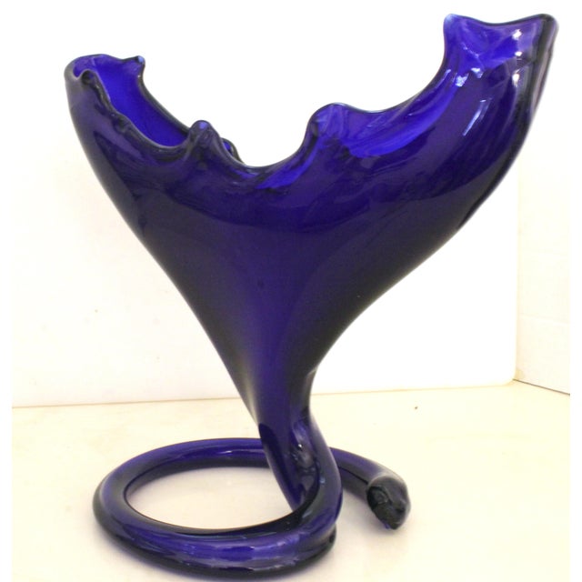 1970s 1970s Cobalt Blue Blown Glass American Cornucopia Gondola Centerpiece Vase For Sale - Image 5 of 16