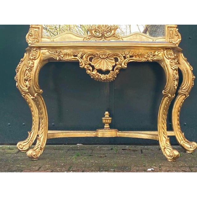 French 1940s French Louis XVI Baroque Rococo Console Table & Mirror Set – Hand-Carved Beechwood With Marble Top For Sale - Image 3 of 12
