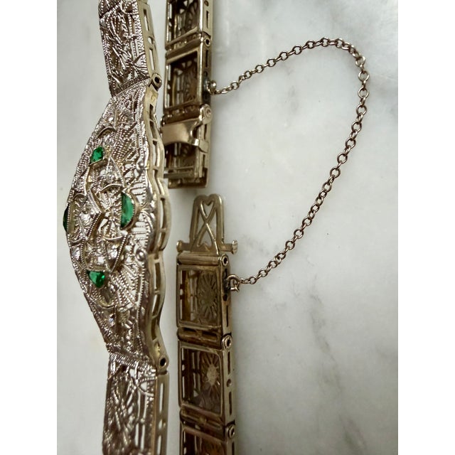 1920s Art Deco Platinum & 14k Gold Estate Emerald & Diamond Bracelet For Sale - Image 10 of 18