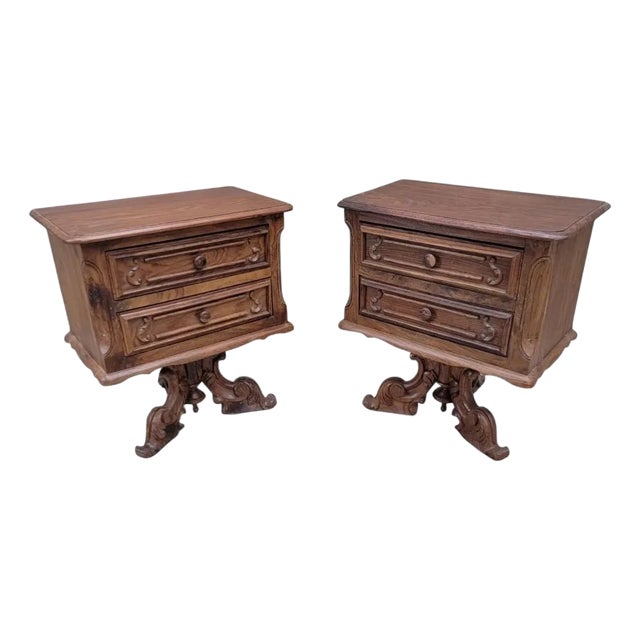 Antique American Empire Carved Walnut 2 Drawer Pedestal Base Side Chests/Tables - Pair For Sale