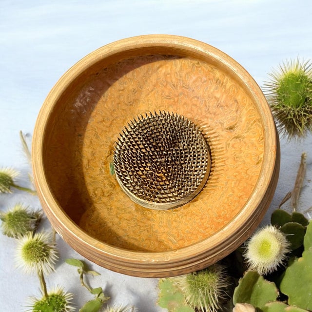 Mid Century Modern Ikebana Art Pottery Pedestal Bowl With Flower Frog-Atomic Ufo For Sale - Image 6 of 7