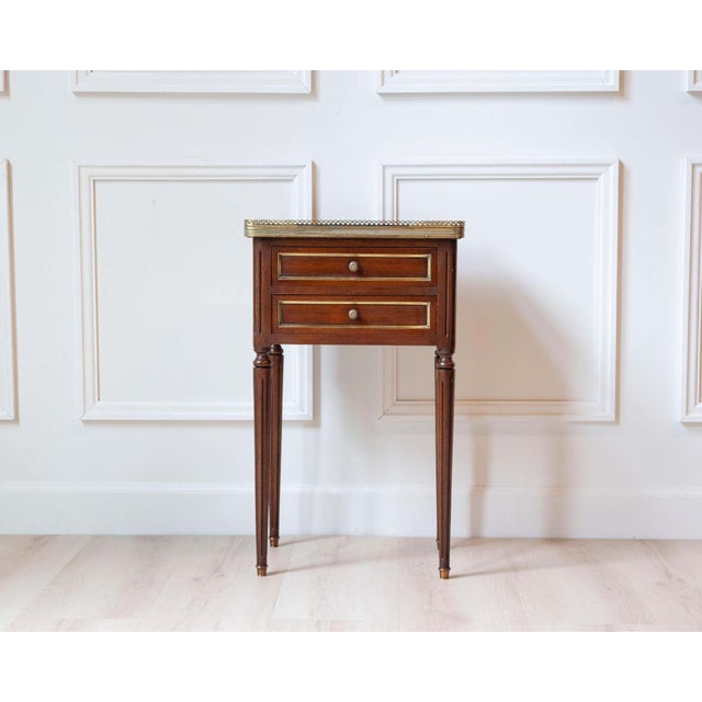 Louis XVI Style Mahogany Side Table with Marble Top and Brass Gallery, 20th Cent For Sale - Image 9 of 10