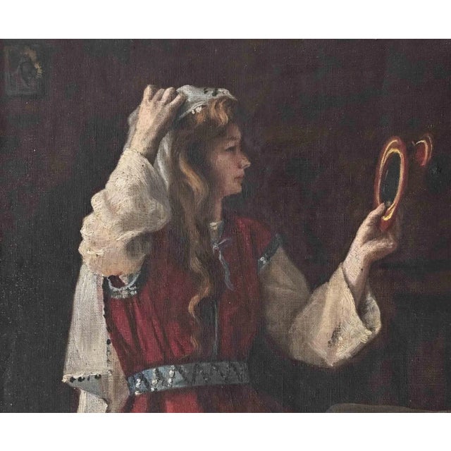 A Young Oriental Woman Looking at the Mirror, Oil on Canvas, 19th-Century For Sale - Image 3 of 4