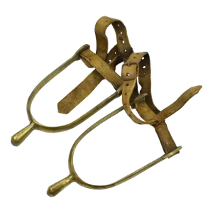 Early 20th Century Brass Spurs With Leather Straps Wall Decor - a Pair