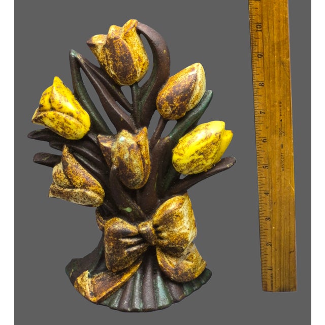 Early 20th Century Antique Cast Iron Yellow Tulip Flower Bouquet Doorstop For Sale - Image 5 of 7