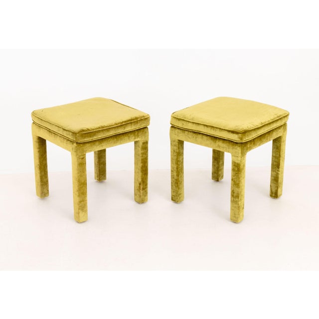 Contemporary Pair of Parsons Style Green Velvet Upholstered Stools For Sale - Image 3 of 7