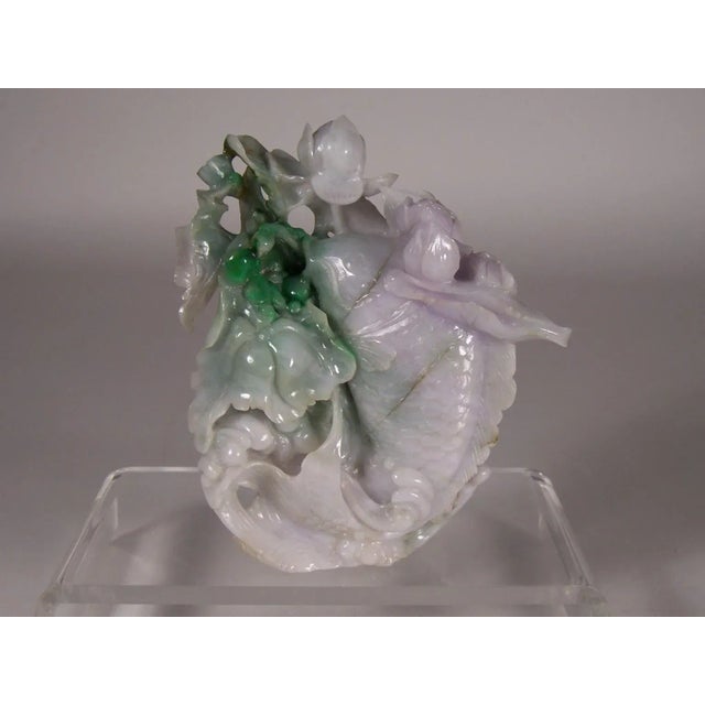 Lavender Vintage White Green Lavender Jade Jadite Chinese Fish Carving For Sale - Image 8 of 9