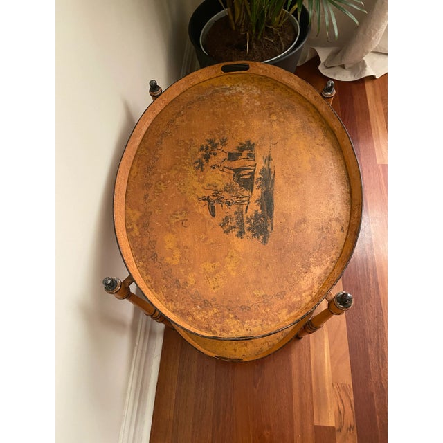 Chinoiserie Vintage Italian Hand Painted Tole Collapsible Double Tray Tea Cart Table For Sale - Image 3 of 9