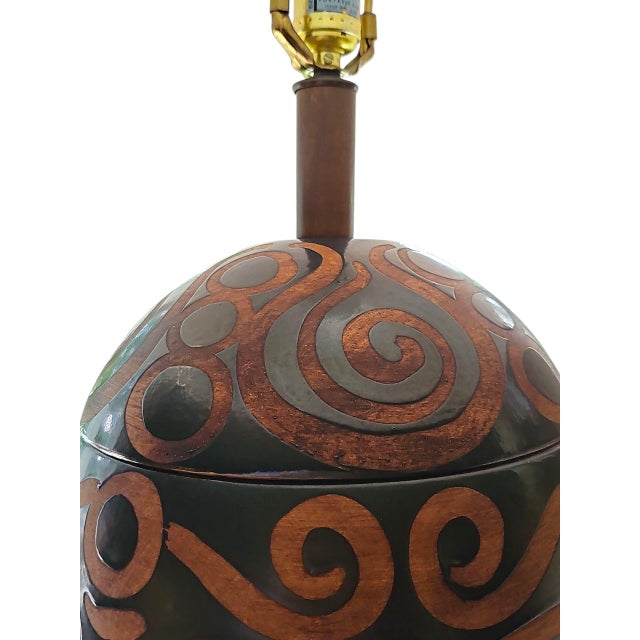 1960s 1960s Sculptural Terra Cotta Table Lamp With Arabesque Motif With Curves and Lines and Frederick Cooper Lamp Shade For Sale - Image 5 of 12