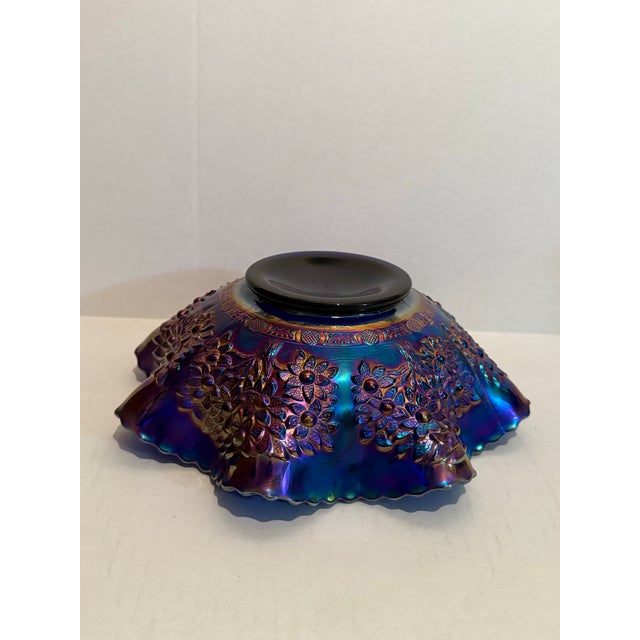 Fenton Art Glass Company Fenton Cobalt Blue Marigold Carnival Glass Cherry Chain Scalloped Bowl For Sale - Image 4 of 11