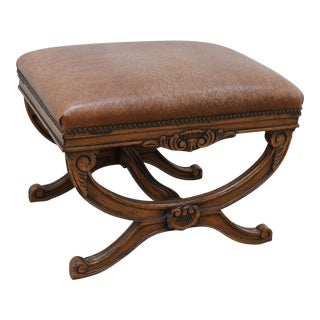 Brown Leather Carved Ottoman For Sale