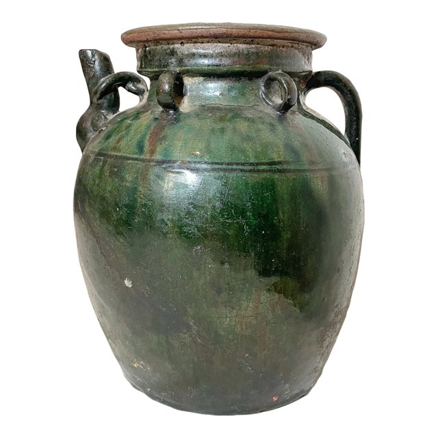 Antique Handmade Chinese 18th Century Pottery Terracotta Green Glaze Wine Jug For Sale